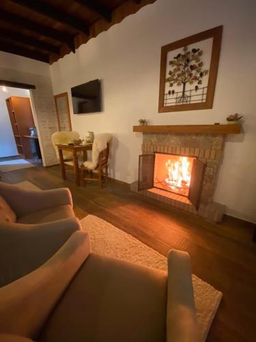 Una sala de estar con chimenea y un sofá. en Estalagem Andorinhas, en Monte Verde