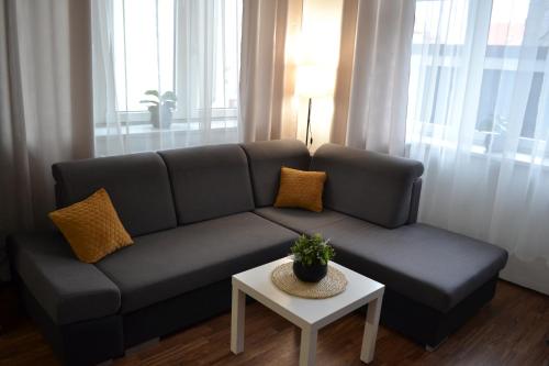 uma sala de estar com um sofá e uma mesa em Apartmán u Fontány em Poděbrady
