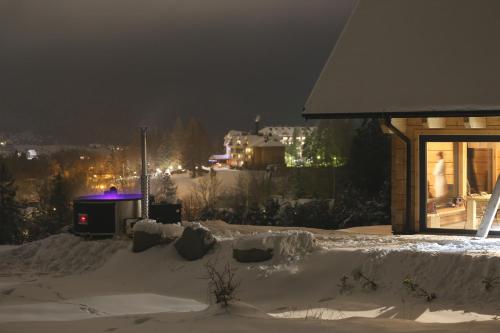 a house with a purple light in the snow at PORTAL WYSOWA in Wysowa-Zdrój