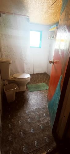 a small bathroom with a toilet and a window at Dónde la Señora Haydée in Chonchi