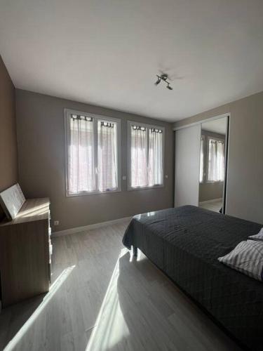 a bedroom with a large bed and a mirror at Maison de village proche du Canal du Midi in Ginestas