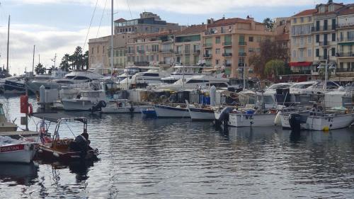 un groupe de bateaux amarrés dans un port avec des bâtiments dans l'établissement Bel Appartement Typique proche du Palais et Plages, à Cannes
