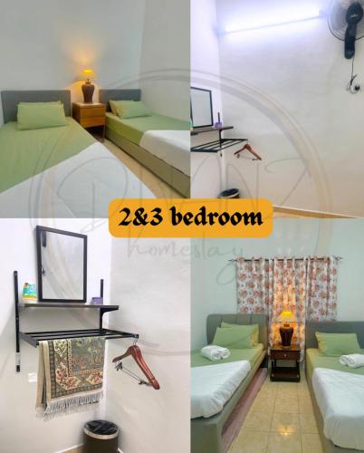 een collage van drie foto's van een slaapkamer bij Dnanz homestay klebang MUSLIM SHJ in Melaka