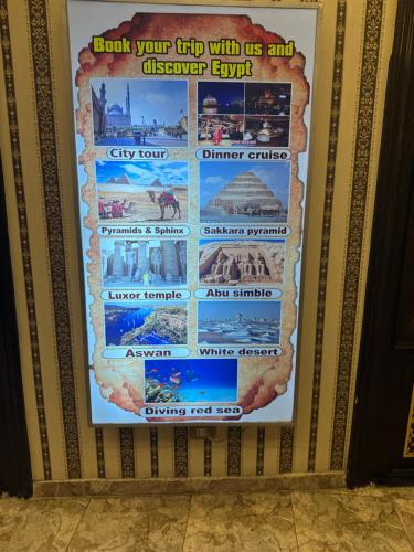 a poster on a wall with different places on it at H100 Pyramids View in Giza