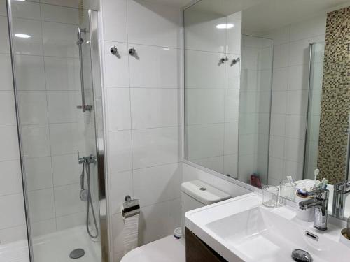 a bathroom with a shower and a sink and a toilet at Departamento Costanera Villarrica in Villarrica