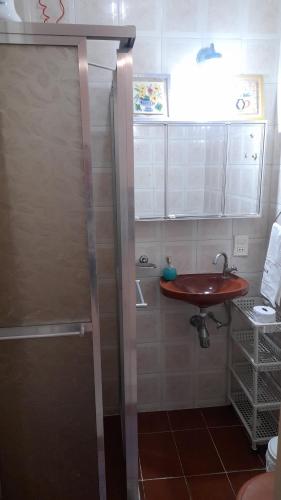 a bathroom with a sink and a shower in it at Santa clara 515 in Rio de Janeiro