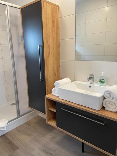 a bathroom with a sink and a shower at Apartments am Mühlbach in Amstetten