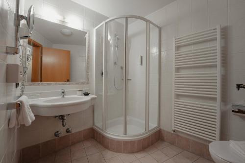 a bathroom with a shower and a sink at Hotel Alpenrose in Carezza al Lago