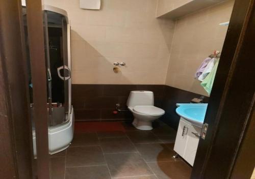uma casa de banho com um WC, uma banheira e um lavatório. em GOAL ApartmentS 2 em Tbilisi