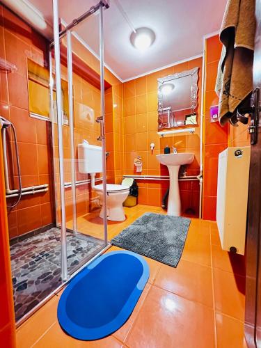 a bathroom with a shower and a toilet and a sink at Cabana Harghita Băi in Harghita-Băi
