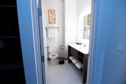 a bathroom with a toilet and a sink and a mirror at Comfort Inn & Suites in Schulenburg