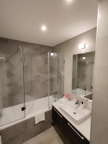 a bathroom with a sink and a shower at Beograd na vodi - Belgrade Waterfront Riverside in Belgrade