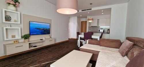 a living room with a couch and a flat screen tv at Beograd na vodi - Belgrade Waterfront Riverside in Belgrade