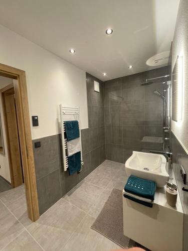 La salle de bains est pourvue d'un lavabo et d'une douche. dans l'établissement Appartement Bergsicht, à Leogang