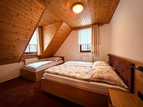 a bedroom with two beds in a attic at Apartmany Kolb Ramzová in Ostružná