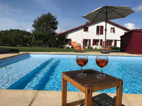two glasses of wine on a table next to a pool at la forge de Clermont in Clermont