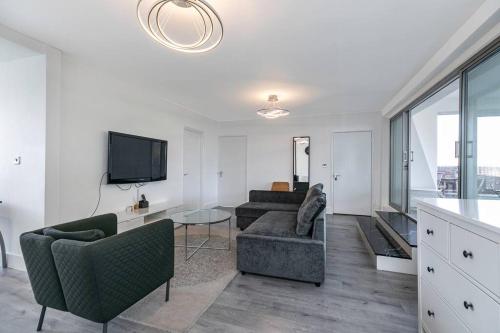 a living room with two couches and a tv at Superb penthouse with 2 bathrooms and roof terrace in London