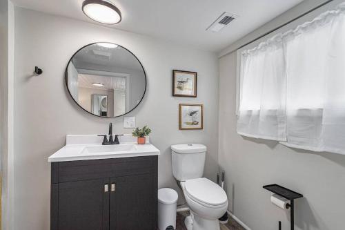 a bathroom with a toilet and a sink and a mirror at Spacious Pickleball Pines in South Haven
