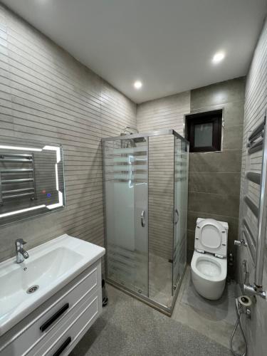 y baño con ducha, aseo y lavamanos. en Favorite House, en Qusar