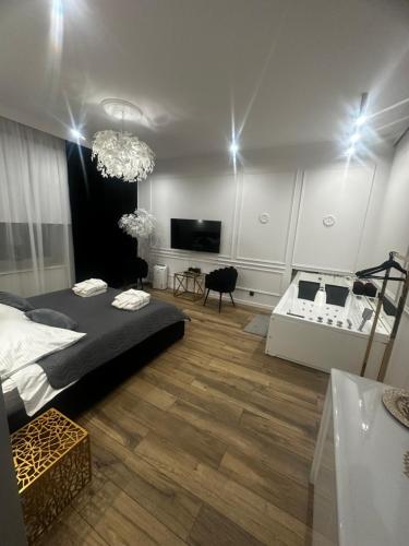 ein Schlafzimmer mit einem Bett und einem TV in einem Zimmer in der Unterkunft Apartament Shine Prywatne Jacuzzi Starowiślna Kraków in Krakau