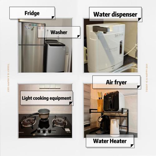 four pictures of different appliances in a kitchen at Hey90s #6pax #FreeNetflix #Youtube #Games in Kluang
