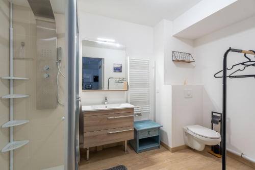 une salle de bain avec un lavabo, des toilettes et une douche dans l'établissement CHARMANT APPARTEMENT CENTRE VILLE, à Arcachon