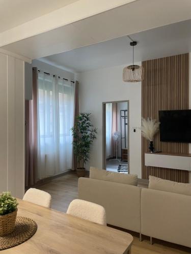 un salon avec un canapé et une table dans l'établissement Charmant appartement avec terrasse et parking - Centre ville, à Chartres