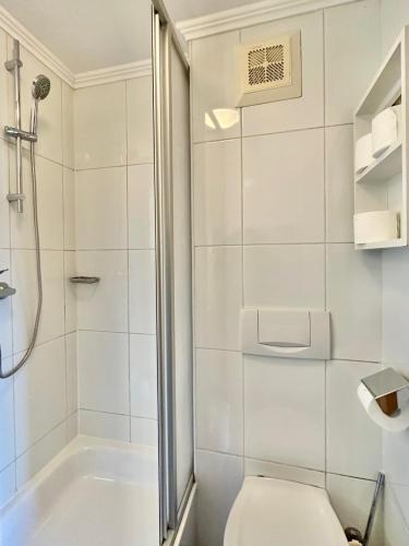 a bathroom with a shower and a toilet at Apartments Max & Moritz in Kirchberg in Tirol
