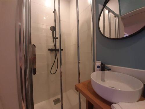 une salle de bain avec une douche, un lavabo et un miroir dans l'établissement Toulouse centre Compans Caffarelli Superbe Studio, à Toulouse