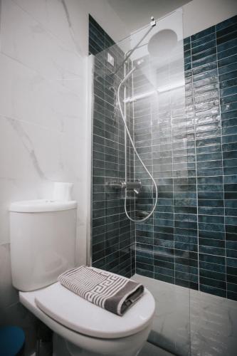 a bathroom with a toilet and a glass shower at 1909 Guesthouse in Kalavrita