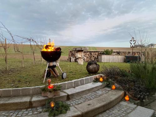 a fire pit in a yard with a grill at Franzls Kellerschlössel 
