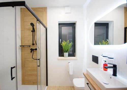 a bathroom with a shower and a sink at Nartorama Domki Zieleniec in Duszniki Zdrój