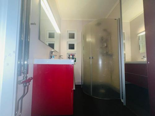 La salle de bains est pourvue d'une douche et d'une armoire rouge. dans l'établissement Kiruna accommadation Sandstensgatan 24, à Kiruna