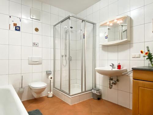 uma casa de banho com um chuveiro, um WC e um lavatório. em Mountain Apartment. The Art to live em Dietmannsried