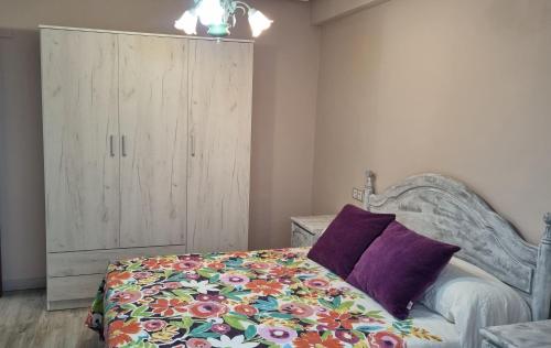 1 dormitorio con 1 cama con almohadas moradas y armario en LAS MARGARITAS, en Gijón