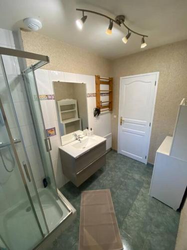 une salle de bain avec un lavabo et une douche dans l'établissement Chalet de montagne, à Séez