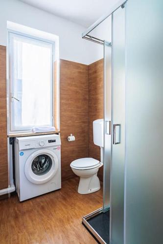 a bathroom with a washing machine and a toilet at Lake Maggiore Holiday Apartment in Feriolo