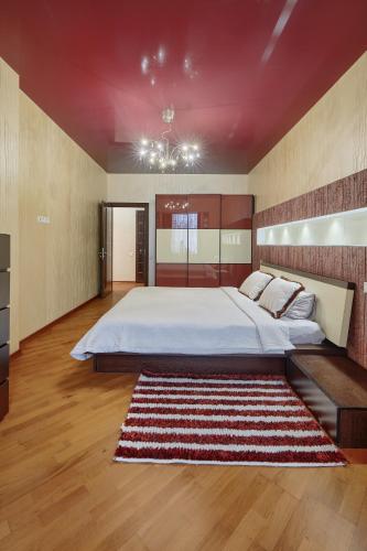 a large bedroom with a large bed and a rug at Botanic Towers the house has a shelter in Kyiv