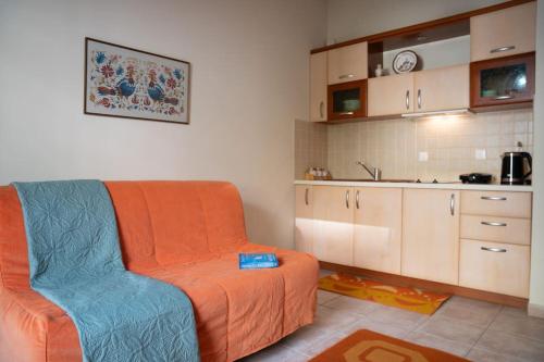 a living room with an orange couch and a kitchen at Delphian Colors - Orange Edition in Delphi