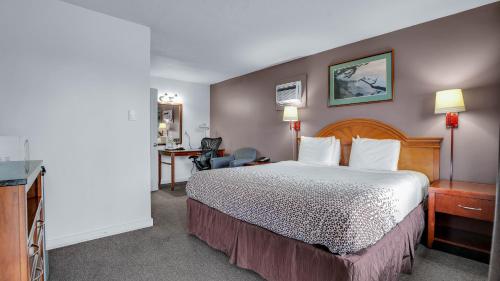 um quarto de hotel com uma cama e uma secretária em Viking Motel em Portland
