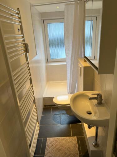 uma casa de banho com um lavatório, um WC e uma janela. em Ruhige, stadtnahe Wohnung im hamburger Westen em Schenefeld
