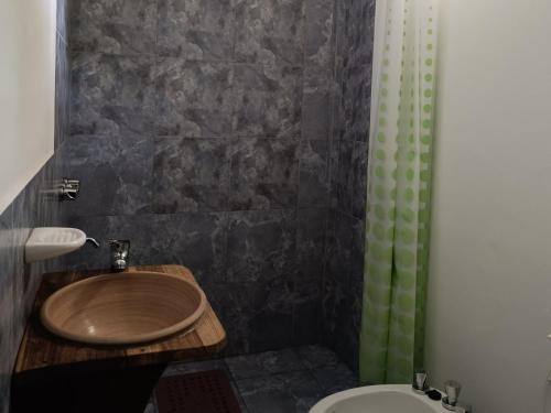 a bathroom with a wooden sink and a toilet at Cabaña El Apicultor in Cachí