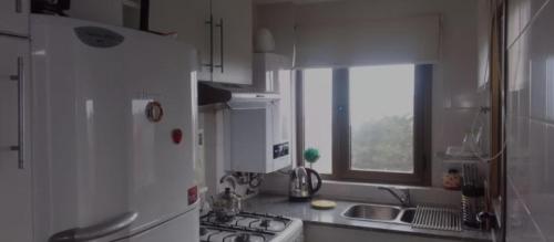 cocina con heladera, fregadero y ventana a Semipis de Categoría en Villa Gesell en Villa Gesell