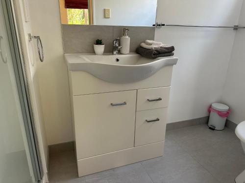 a bathroom with a white sink and a shower at New Lynn Self- Contained Unit near Golf Course in Auckland