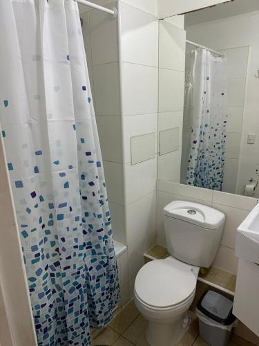 コキンボにあるDepartamento frente a la playaのトイレとシャワーカーテン付きのバスルーム