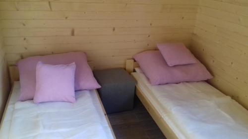 two beds in a small room with purple pillows at Kamieńczyk domek nad jeziorem z dostępem do pomostu in Kamieńczyk Dezerta