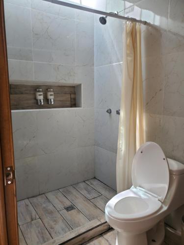 uma casa de banho com um WC e um chuveiro em Mini casa San José em Pénjamo