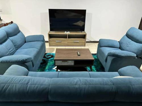 a living room with a blue couch and a tv at Ambitious Apartment Lot 7 in Nadi