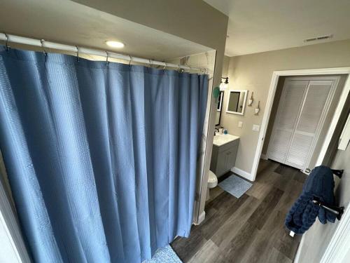 a bathroom with a blue shower curtain and a sink at Manatee Oasis Weeki Wachee Family Fun Pool Home in Spring Hill