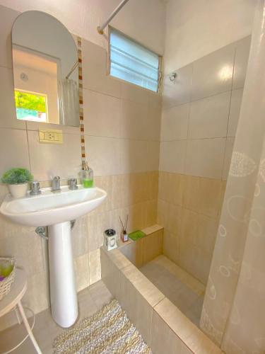 a bathroom with a sink and a shower at Casa Candiotti in Paraná